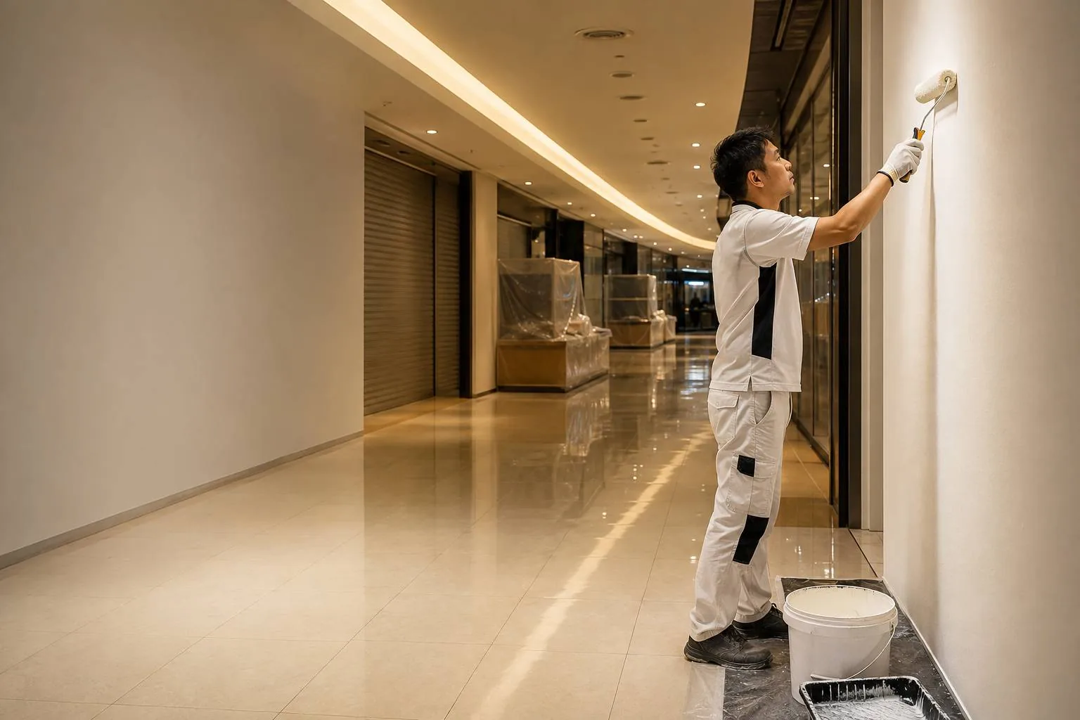 Painter repainting a mall shop unit in Singapore after closing hours