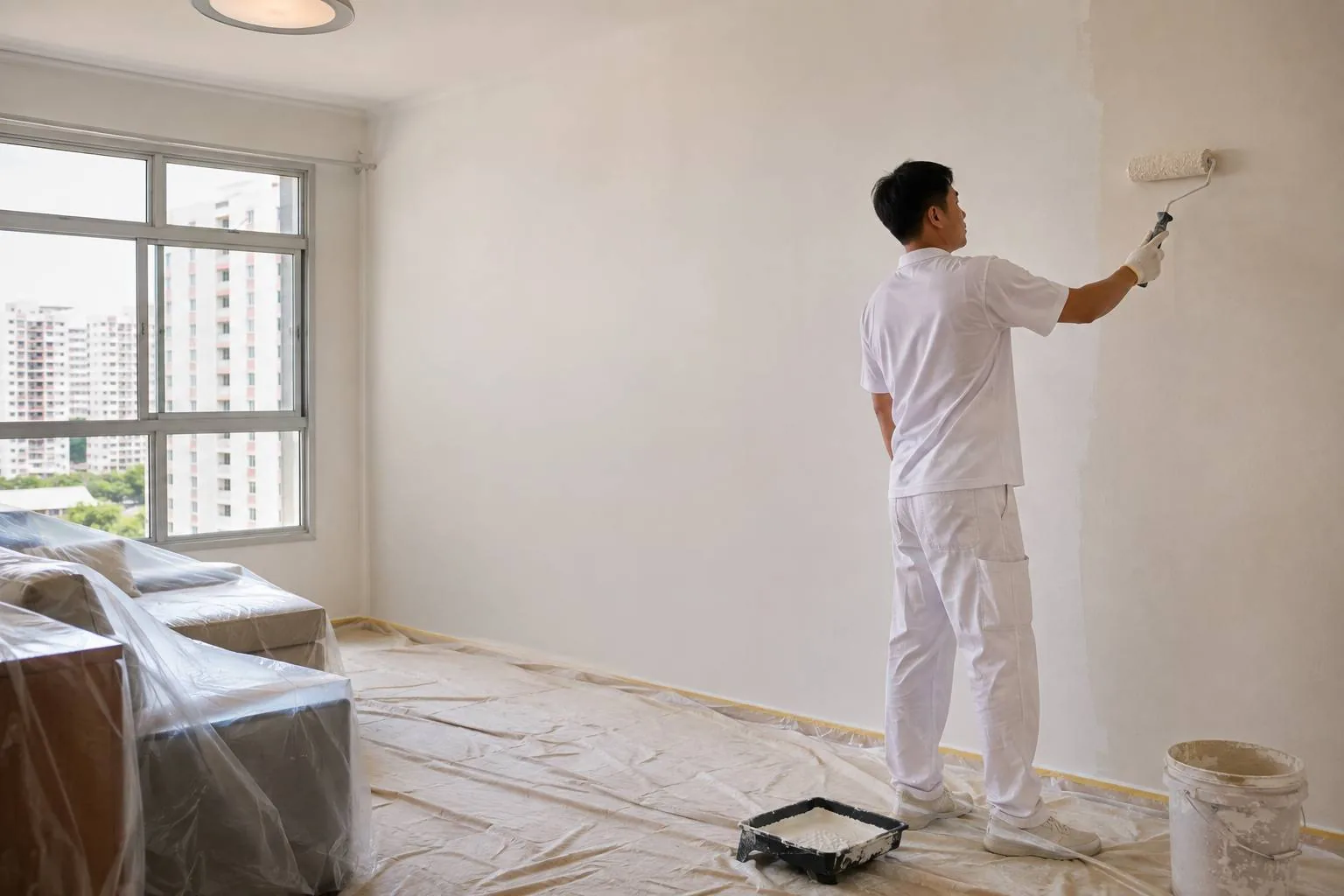 Painter refreshing the interior of a Singapore HDB flat