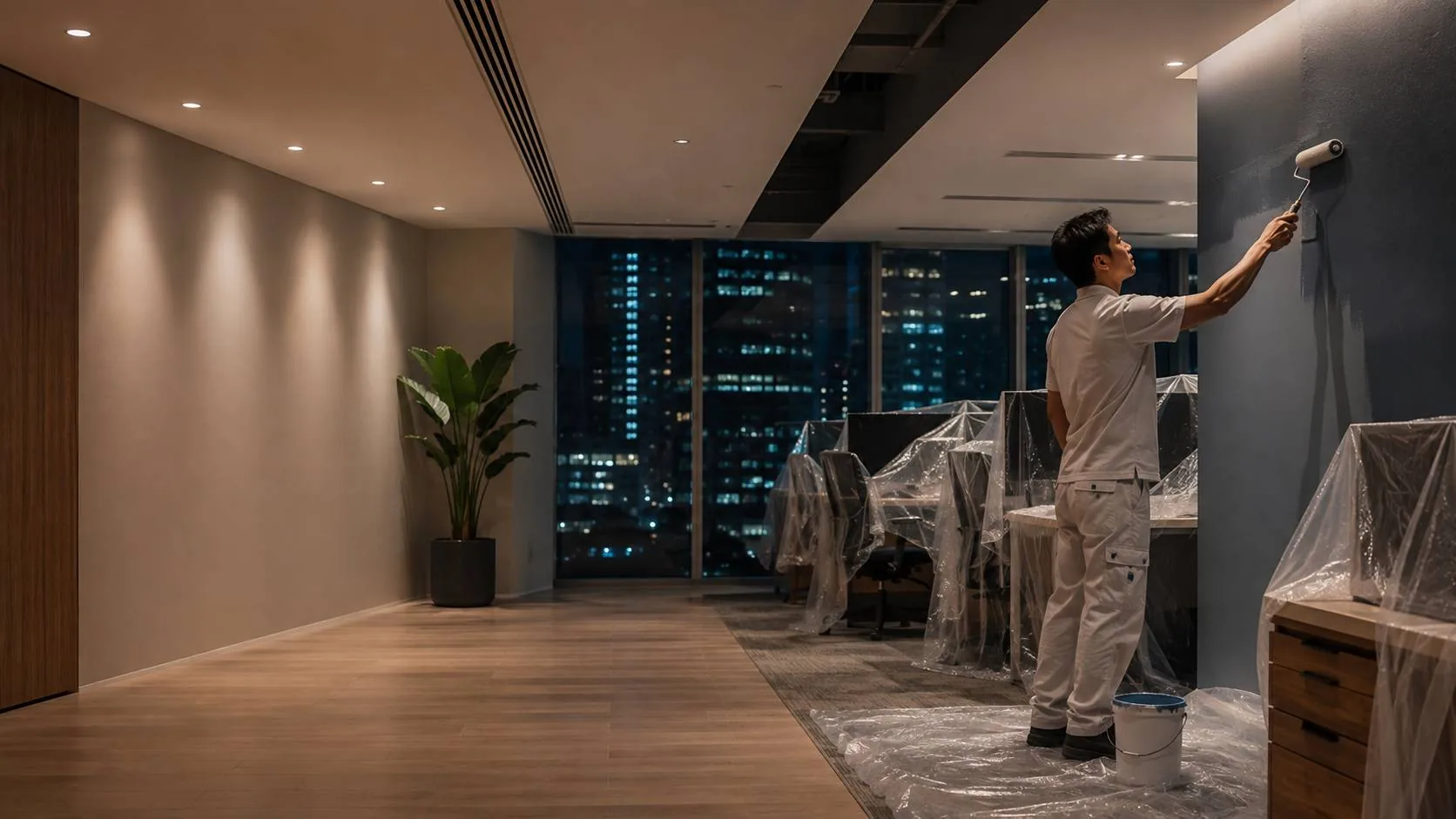Office interior being repainted with furniture protected