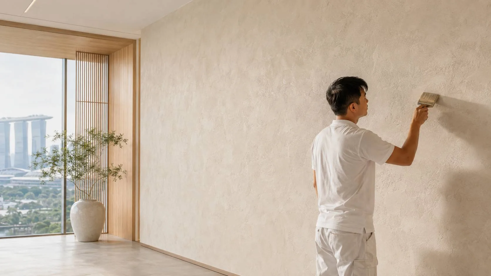 Warm limewash feature wall in a refined Singapore interior
