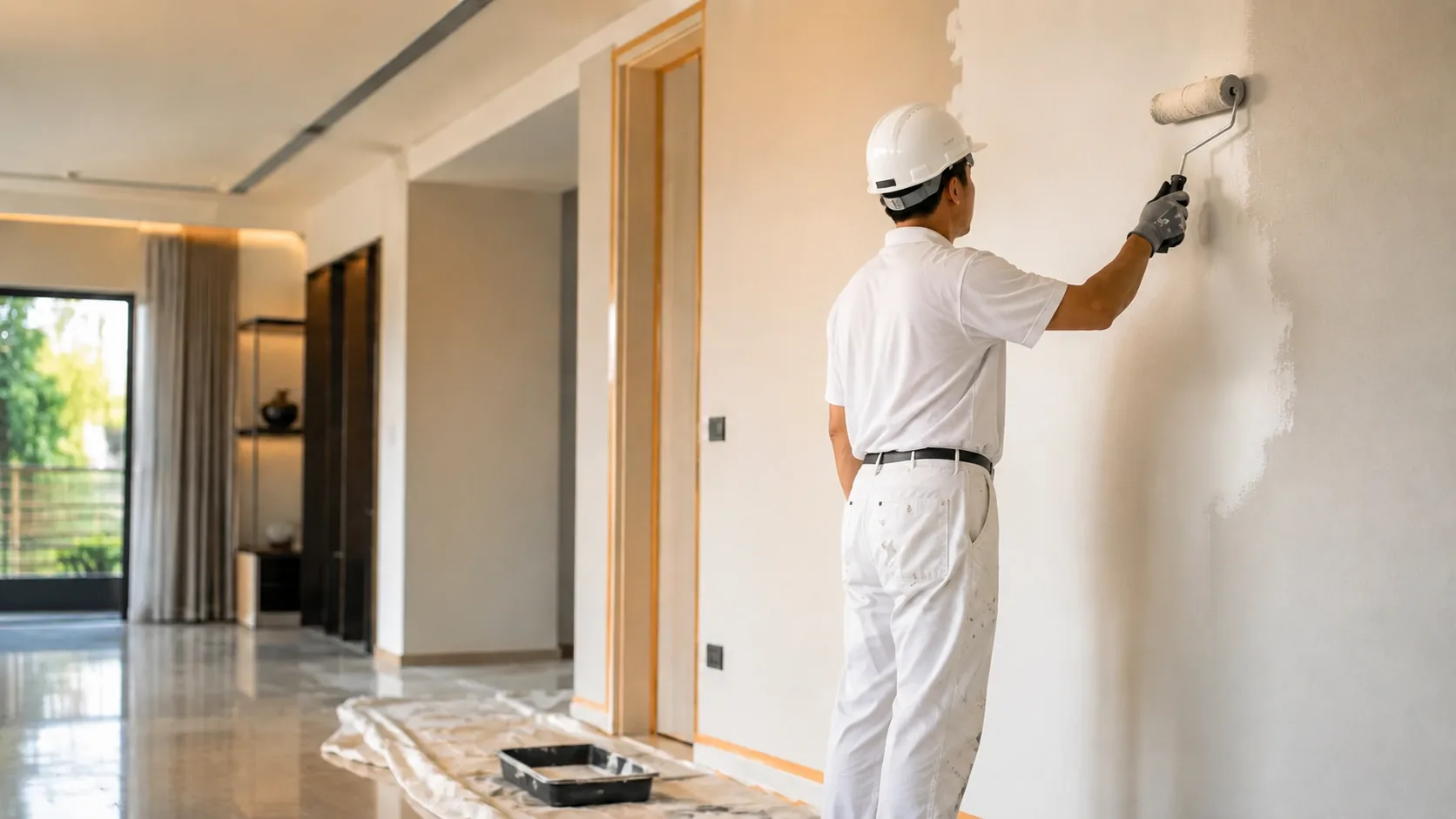 Professional Singaporean painter rolling fresh paint in a premium home interior