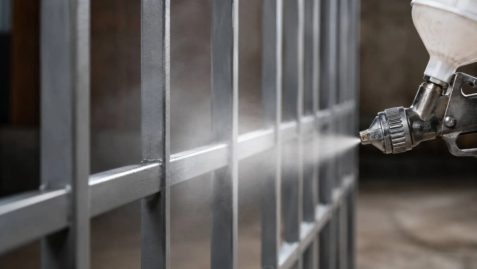 Spray gun laying an even coat on a metal gate