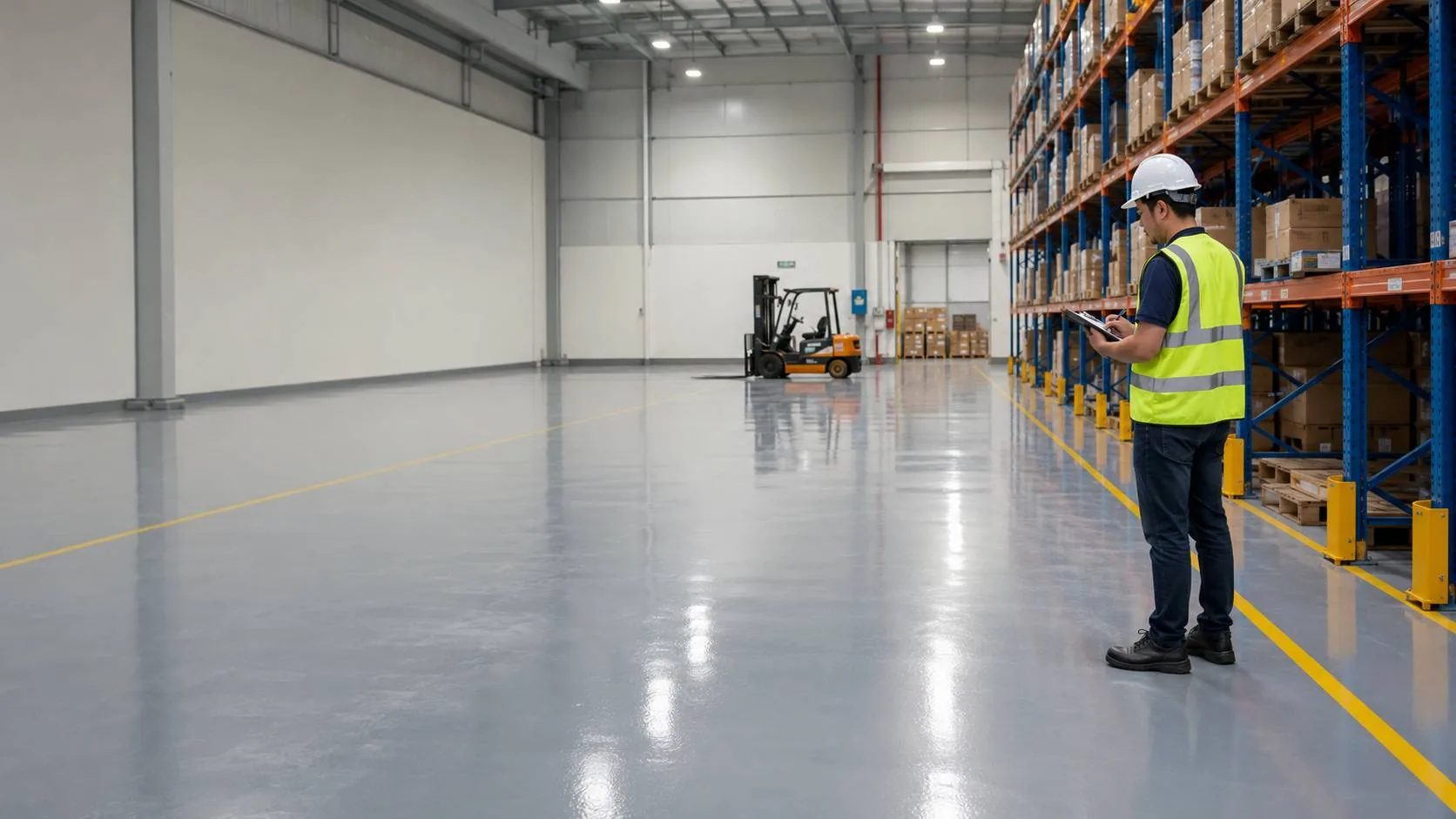 Fresh epoxy floor coating in a Singapore warehouse